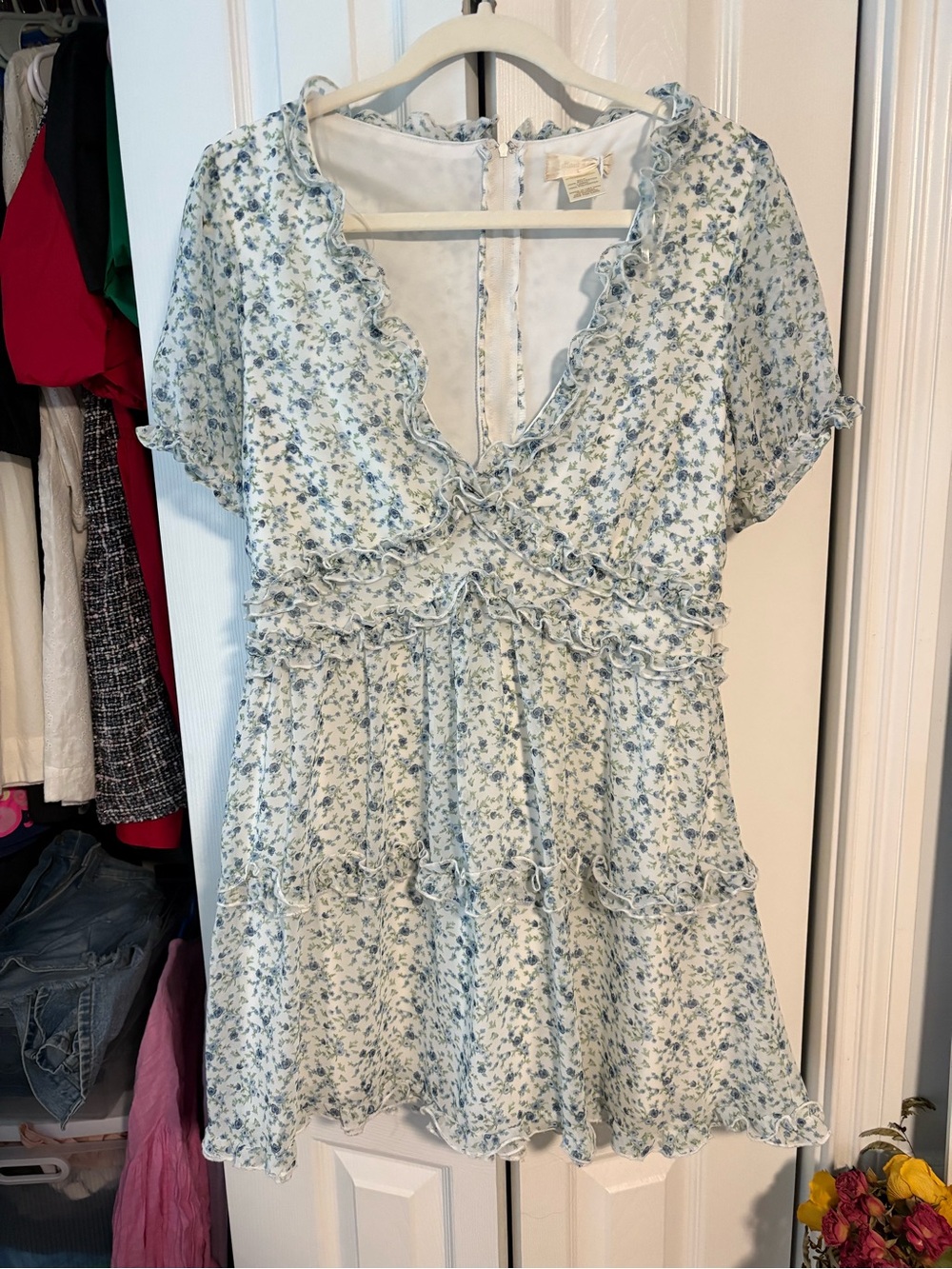 Altar'd State Pale Blue Floral Ruffle V-Neck Dress